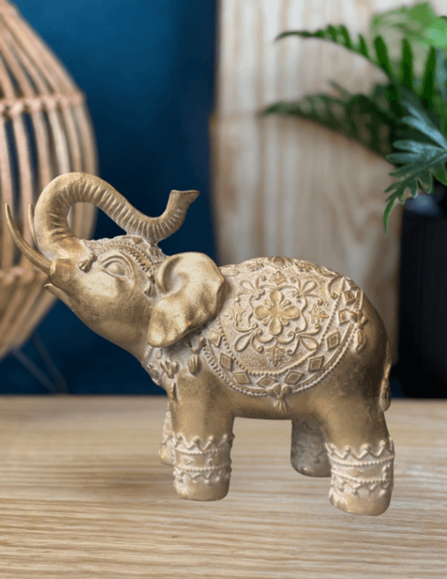 Statuette Eléphant Trompe en l&#039;air 17 cm - Résine - Doré