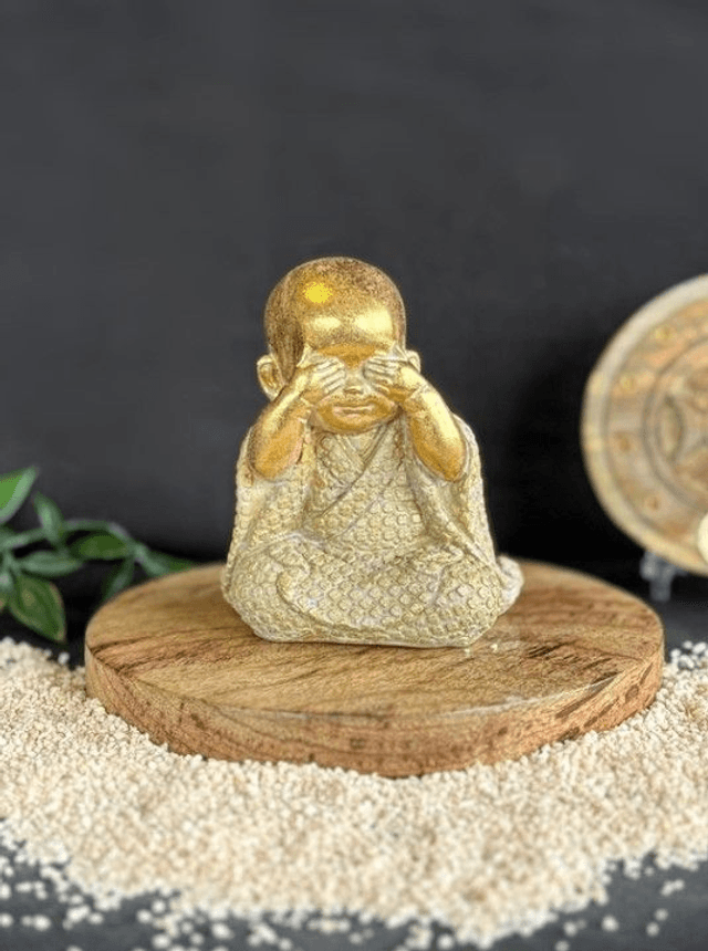 Statuette Moine de la Sagesse - Ne vois pas - 10 cm - Résine - Doré